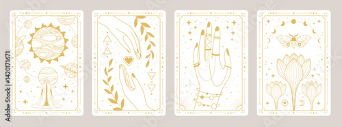Set of Modern magic witchcraft cards with wizard, solar system, planets, hands, flowers and butterfly. Line art occult vector illustration