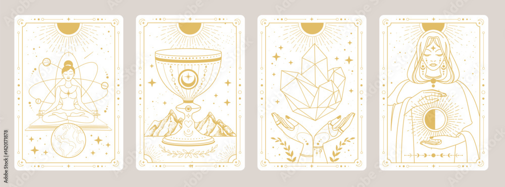 Fototapeta premium Set of Modern magic witchcraft cards with wizard, goblet, hands with crystal and girl in meditation. Line art occult vector illustration