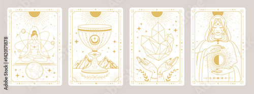 Set of Modern magic witchcraft cards with wizard, goblet, hands with crystal and girl in meditation. Line art occult vector illustration