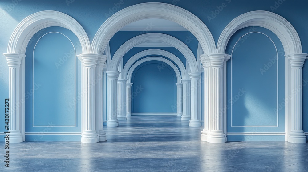 Classic blue archway hallway with columns, sunlit interior Classic blue archway hallway with columns, sunlit interior