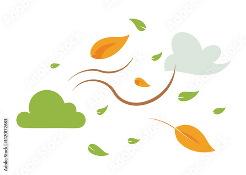 Windy Sky with Flying Leaves Vector Illustration Autumn Breeze and Scattered Leaves in the Air
