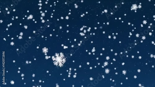 Snowflakes falling gently through the night sky with a tranquil atmosphere, showcasing natural motion