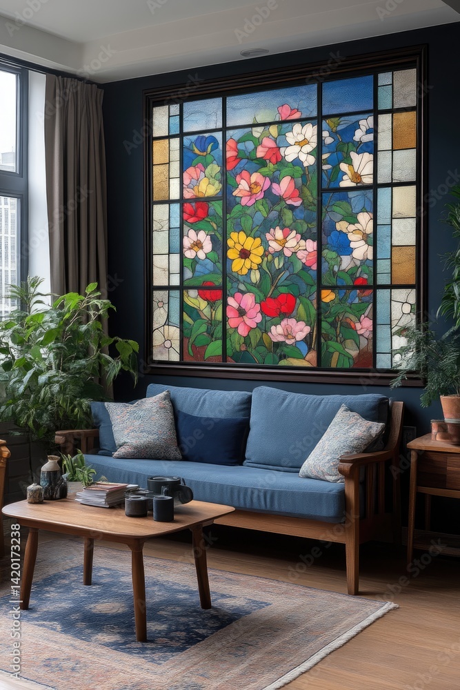 Fototapeta premium Living room interior with sofa coffee table plants and large floral artwork.