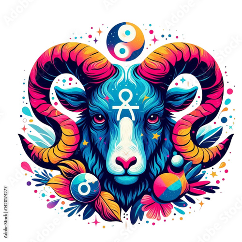 Colorful Ram Head with Cosmic Elements in a Vibrant Style  
