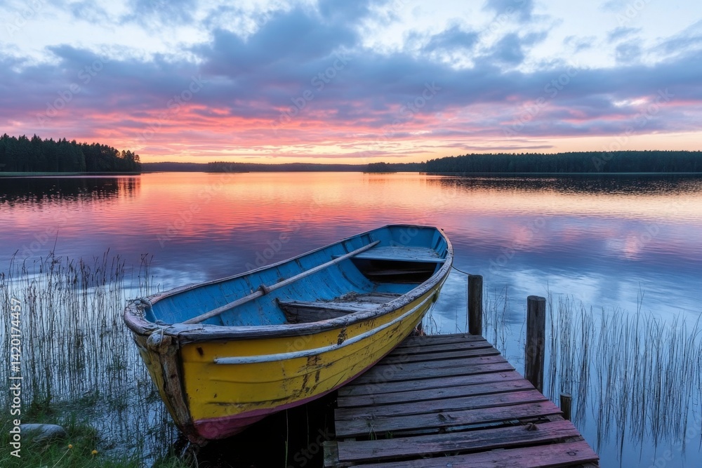 Fototapeta premium Tranquil lake sunset with a weathered boat on a dock