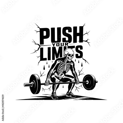 Push Your Limits: The illustration presents a skeleton figure engrossed in weightlifting. It underscores the ethos of pushing beyond one's boundaries in physical training and bodybuilding pursuits.