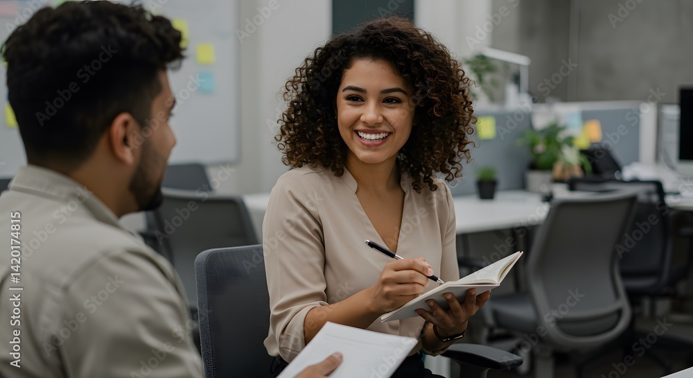 Business Meeting: Smiling woman takes notes during a discussion with colleague in a modern office setting Business Meeting: Smiling woman takes notes during a discussion with colleague in a modern office setting