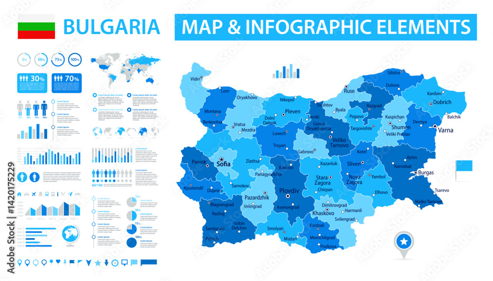 Fototapeta premium Bulgaria Infographic Map with Data Visualization Elements - Vector Map of Bulgaria