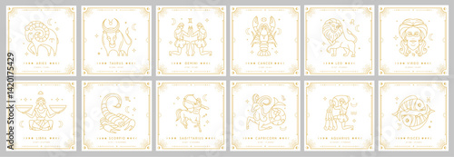 Set of Modern magic witchcraft cards with astrology zodiac signs. Zodiac characteristic. Zodiac icons. Vector illustration
