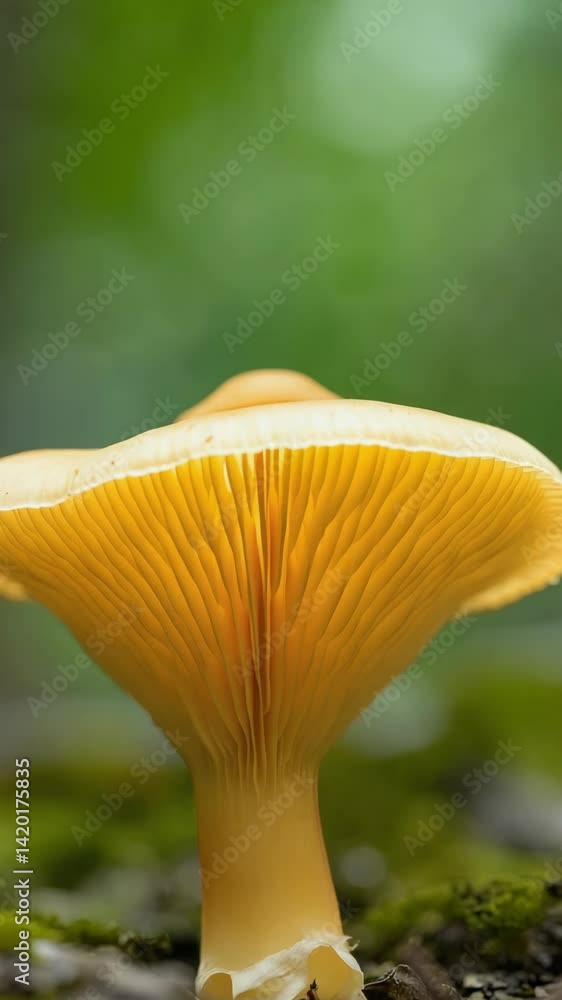 Delicate yellow mushroom gills with a smooth cap growing on mossy ground in a green forest environment Delicate yellow mushroom gills with a smooth cap growing on mossy ground in a green forest environment