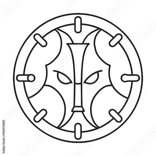 Minimalist ancient warrior mask design in round frame circular shape black outline vector illustration symbolic logo decoration
