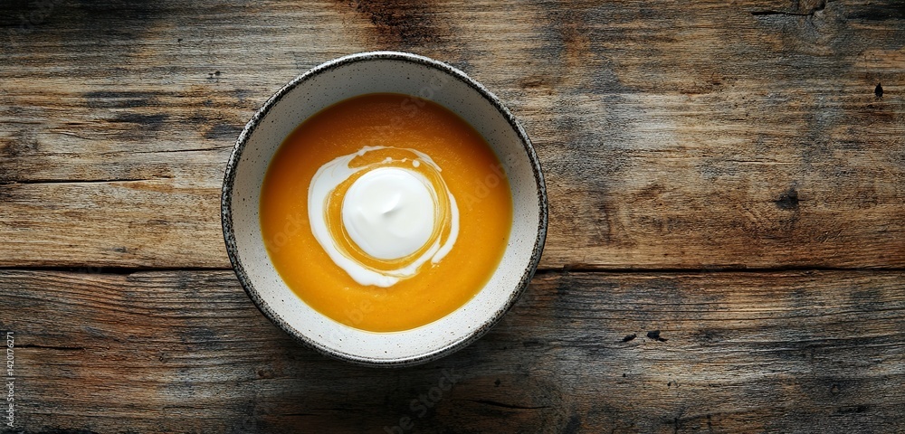 Photo of fluffy cloud-like cream atop carrot soup in a bowl, accompanied by an old spoon and silver knife on a dark wooden table, Photo of fluffy cloud-like cream atop carrot soup in a bowl, accompanied by an old spoon and silver knife on a dark wooden table,