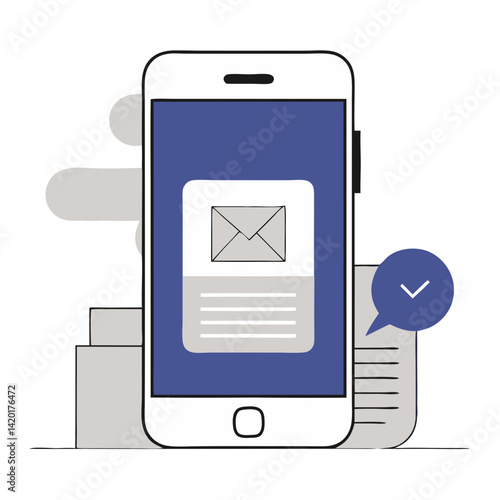 A smartphone displaying a received email message, confirming successful delivery, simple clean design with minimalist style.