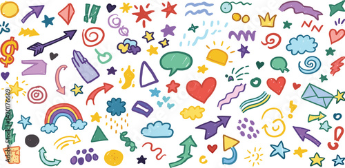 Line hand drawn brush marker underline, highlight, star element color kid set.