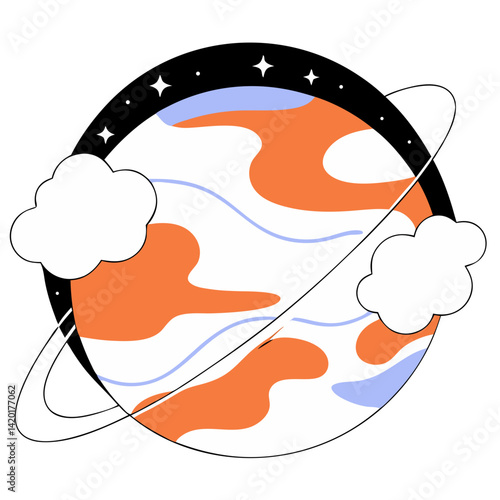 A whimsical orange and white planet floats serenely through space, adorned by fluffy clouds and a sparkling ring, a dreamy cosmic scene in bold, simple lines.