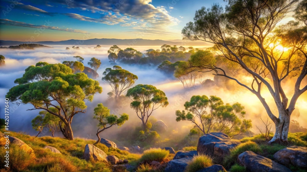 Fototapeta premium Golden Sunrise Illuminates Misty Valley with Lush Green Trees and Rocky Outcrops