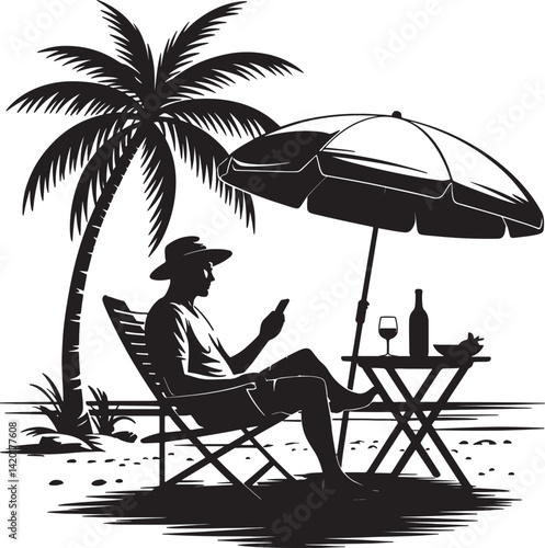 A man setting on a chair in beach with drinks and snakes in table vector illustration isolated On Transparent Background