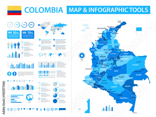 Colombia Infographic Map with Data Visualization Elements - Vector Map of Colombia