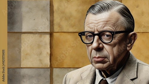 Watercolor Portrait of Philosopher Jean-Paul Sartre with Space for Quotes