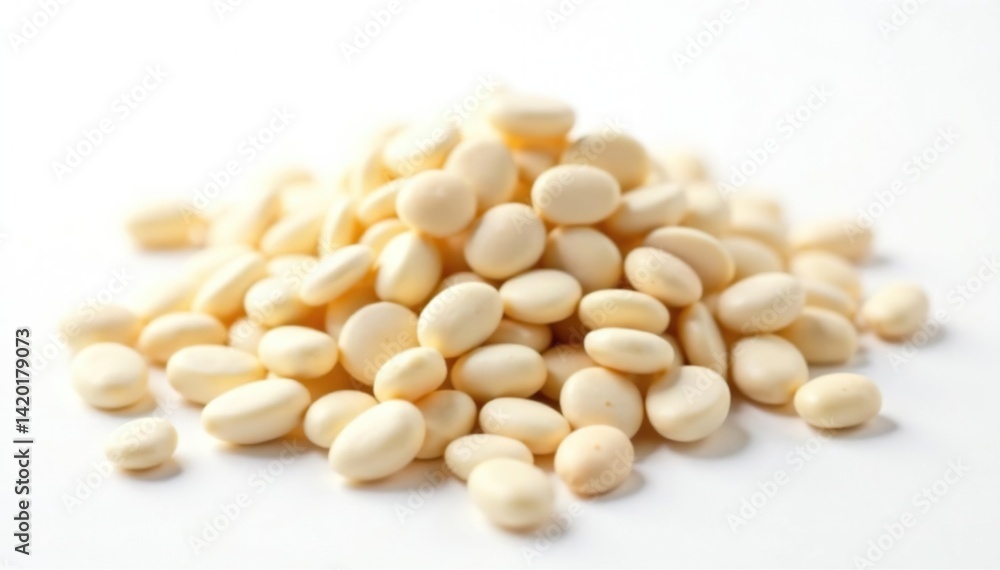 Close-up of a pile of white beans against a stark white backdrop, minimal, beans Close-up of a pile of white beans against a stark white backdrop, minimal, beans