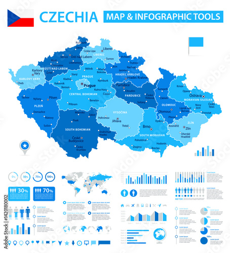 Czechia Infographic Map with Data Visualization Elements - Vector Map of Czech Republic