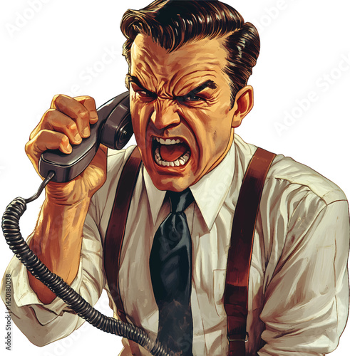An isolated angry businessman screaming on white background, vector, png