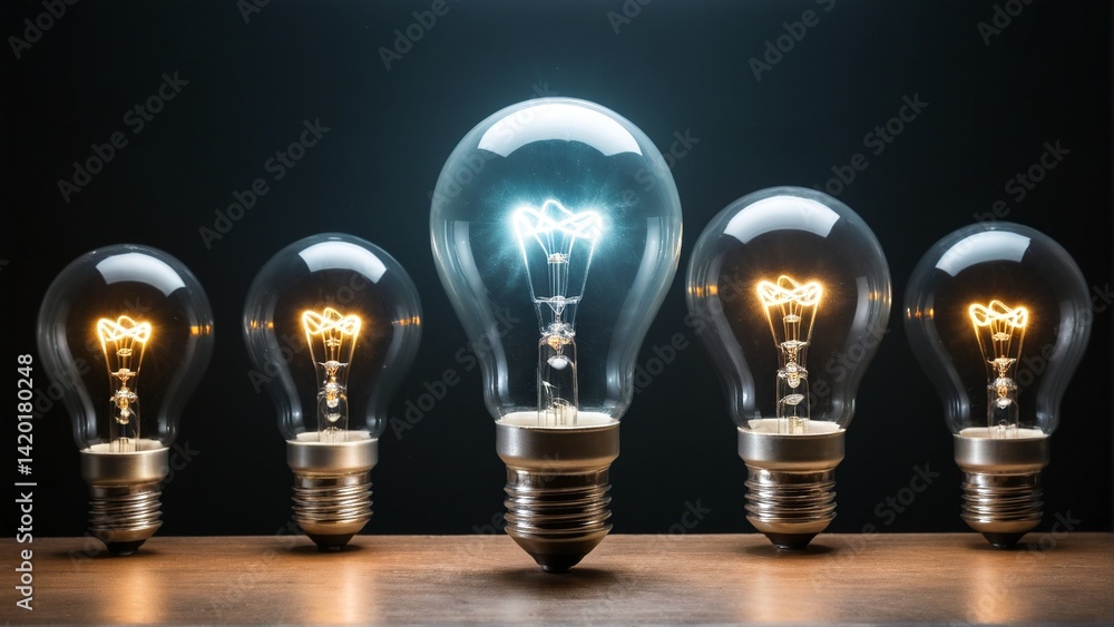 Illuminating Ideas: A Series of Light Bulbs, Radiating with the Promise of Innovation and Creative Thinking, All On A Wooden Table. Illuminating Ideas: A Series of Light Bulbs, Radiating with the Promise of Innovation and Creative Thinking, All On A Wooden Table.