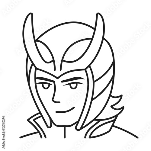 Cartoon character design of villain with horned helmet in linear style for print and digital use