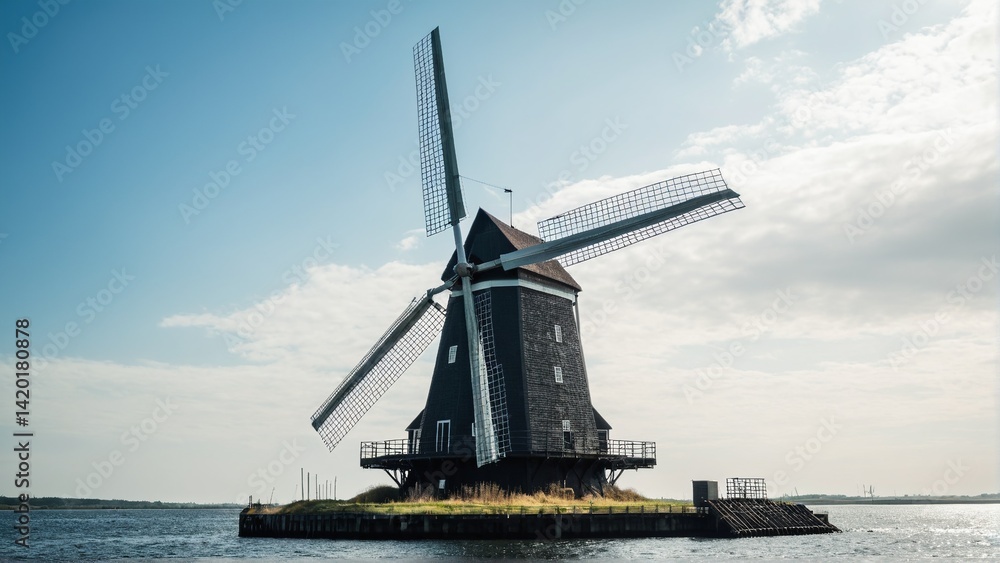 Historic Windmill Rising from the Water, its Sails a Striking Silhouette Against a backdrop of Cloudy Sky and Serene Horizon. Historic Windmill Rising from the Water, its Sails a Striking Silhouette Against a backdrop of Cloudy Sky and Serene Horizon.