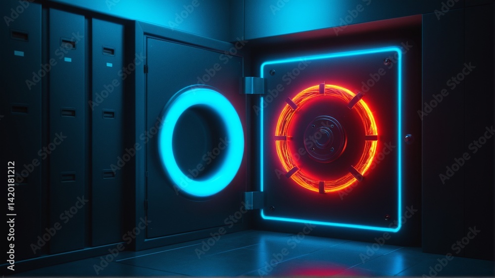 Fototapeta premium Illuminated Security: A Futuristic Vault Door with Glowing Neon Outlines and Circular Elements in a Minimalist Design.