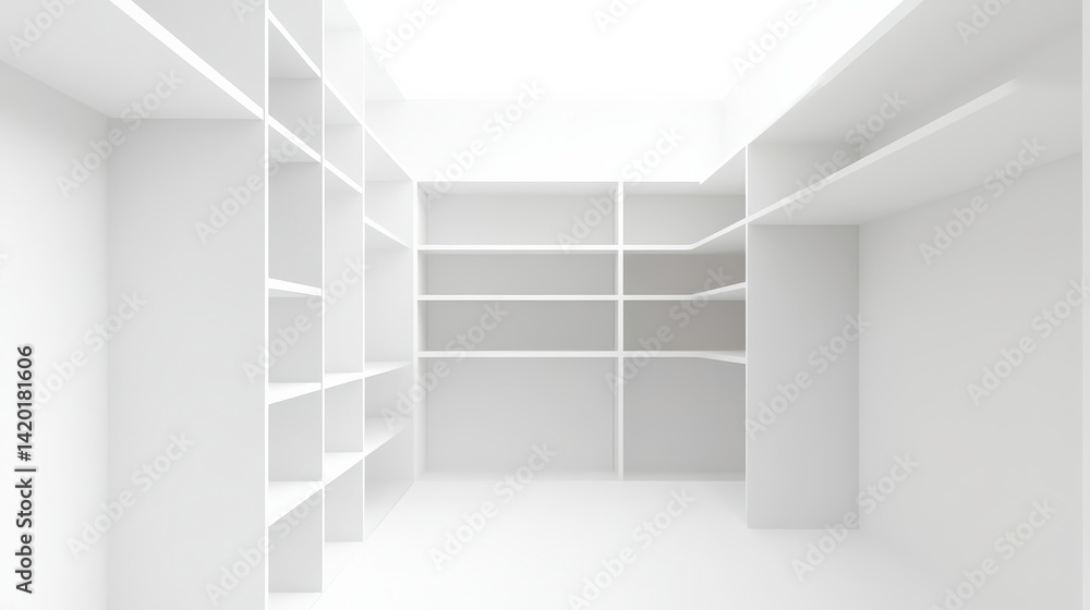 Fototapeta premium a minimalist white walkin closet unit, home decor element, modular shelves, pure white, isolated on white background
