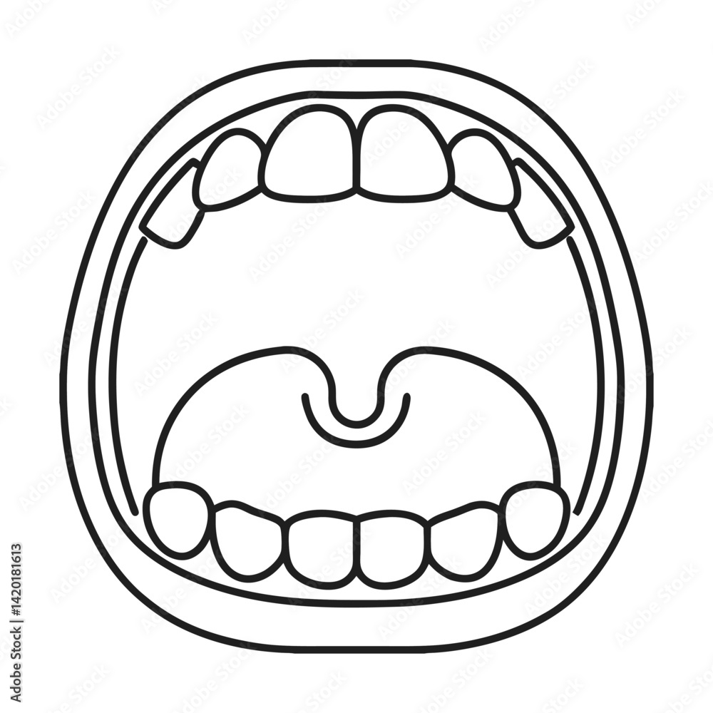 Open mouth outline with teeth and uvula anatomy in detailed black and white illustration ready to color Open mouth outline with teeth and uvula anatomy in detailed black and white illustration ready to color