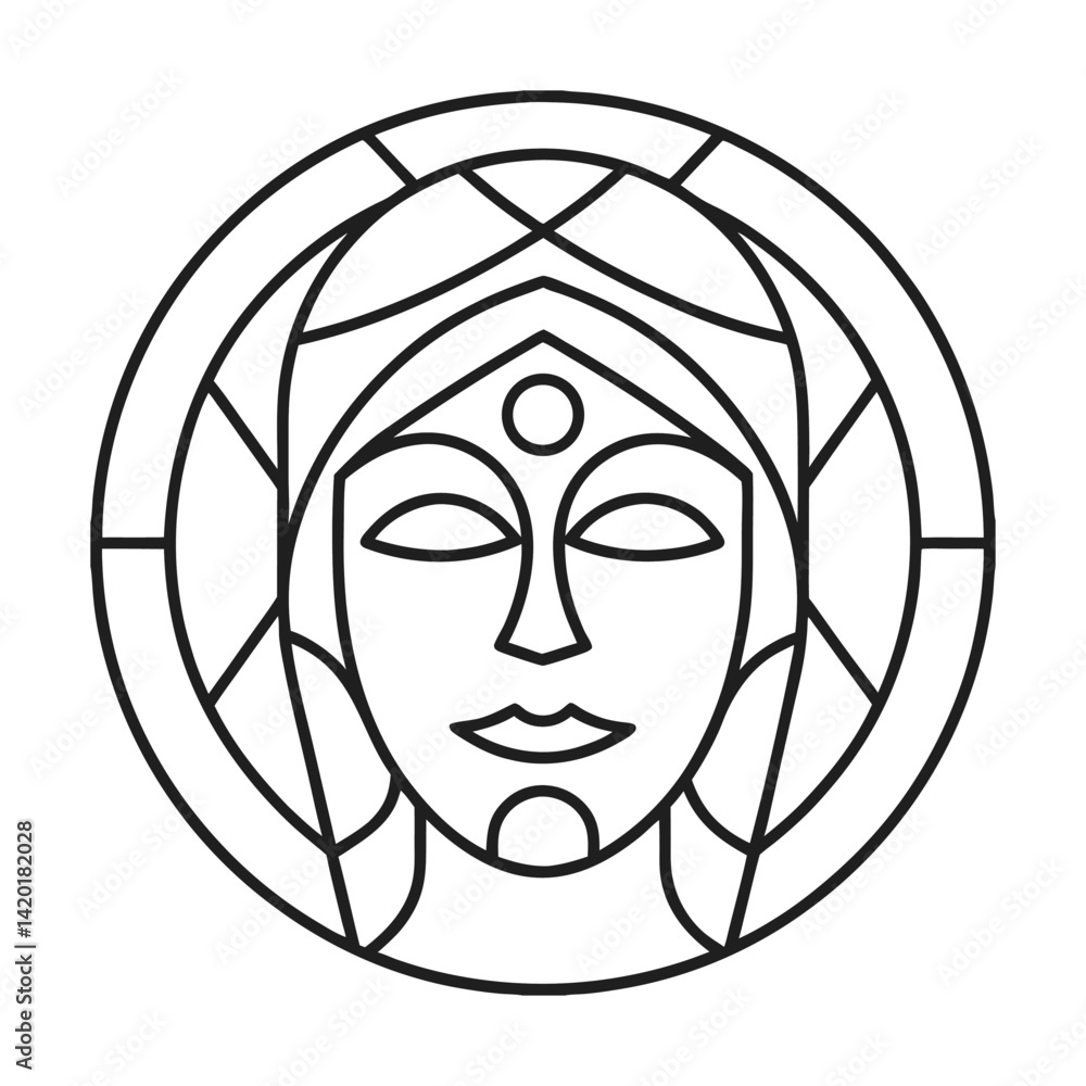 Abstract woman face inside geometrical circle,black outline vector illustration,minimalist art deco design Abstract woman face inside geometrical circle,black outline vector illustration,minimalist art deco design