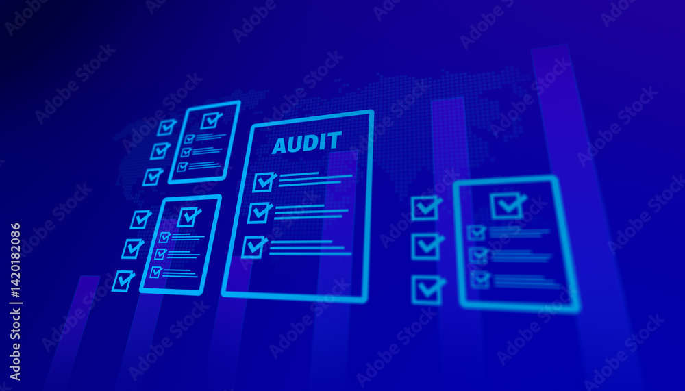 Futuristic digital audit interface with glowing checklists, blue theme, data bars, and global network background Futuristic digital audit interface with glowing checklists, blue theme, data bars, and global network background