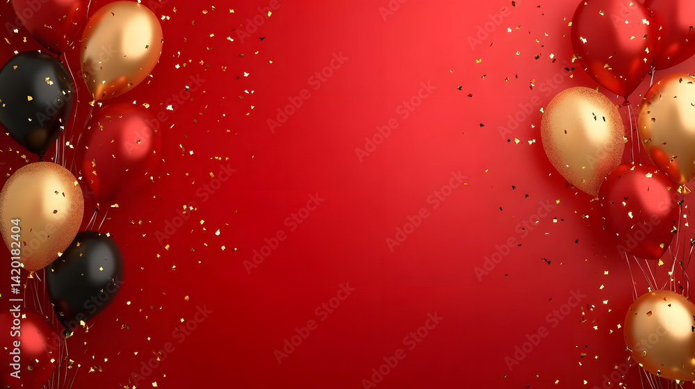 Fototapeta premium Celebration party banner background with red, gold balloons, carnival, festival or birthday balloon red background, red celebration background template