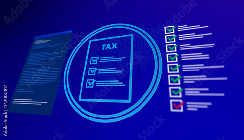 Digital tax checklist dashboard on dark blue background with check marks, documents, and code panel