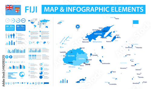 Fiji Infographic Map with Data Visualization Elements - Vector Map of Fiji
