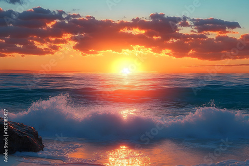 Spectacular Sunset Over Ocean Waves with Rocky Shoreline for Serene Coastal Landscape : Generative AI