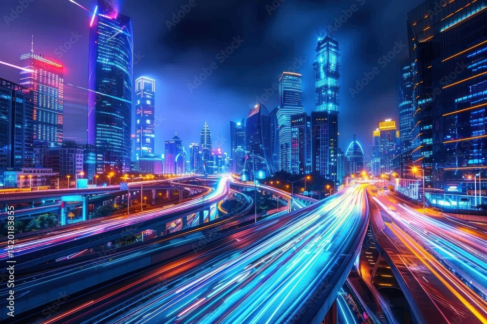 Fototapeta premium Futuristic Cityscape at Night, Vibrant Lights and Dynamic Traffic Flow