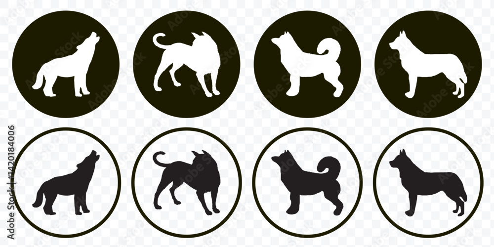 Obraz premium Set of dog silhouette vector. Dogs and puppies in different breed, corgi, golden retriever, poses, sitting, standing, jump. Hand drawn pet animals for pet shop, logo design, decorative, sticker.