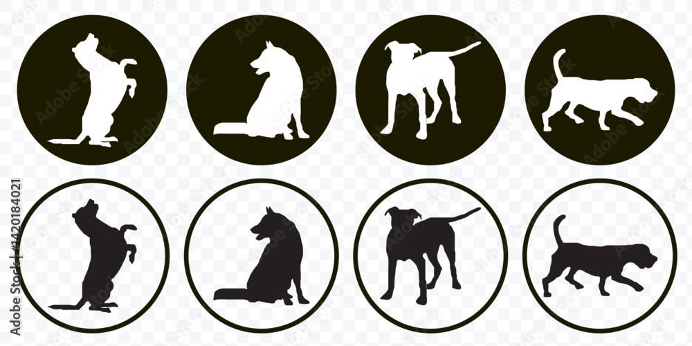 Set of dog silhouette vector. Dogs and puppies in different breed, corgi, golden retriever, poses, sitting, standing, jump. Hand drawn pet animals for pet shop, logo design, decorative, sticker.