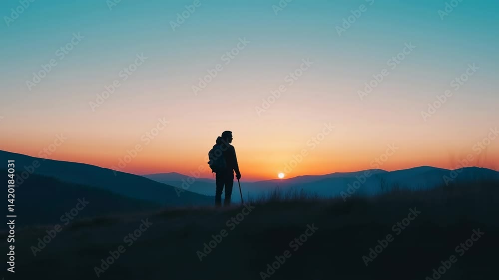 Sunset hiking adventure with lone male silhouette in mountain landscape Sunset hiking adventure with lone male silhouette in mountain landscape