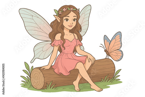 A fairy wearing a pink dress, a fantastic forest nymph, is sitting on a log with a butterfly