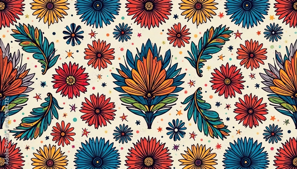Bold, graphic line art floral pattern Geometric shapes, vibrant hues Seamless design , seamless repeat, bright Bold, graphic line art floral pattern Geometric shapes, vibrant hues Seamless design , seamless repeat, bright
