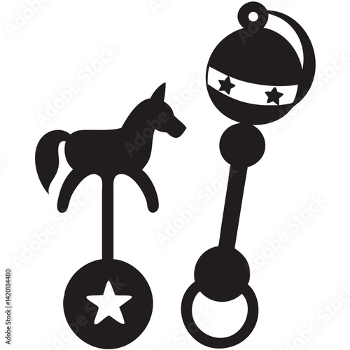A charming rocking horse and rattle, classic baby toys, simple black silhouette design.