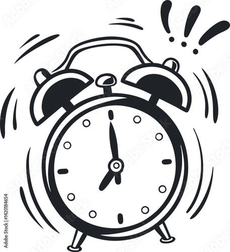 Detailed Alarm Clock Vector Illustration with Vibrating Bells and Clear Time Display - Perfect for Productivity and Time Management Themes