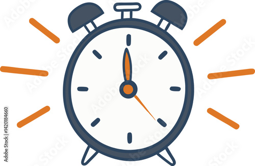 Detailed Alarm Clock Vector Illustration with Vibrating Bells and Clear Time Display - Perfect for Productivity and Time Management Themes