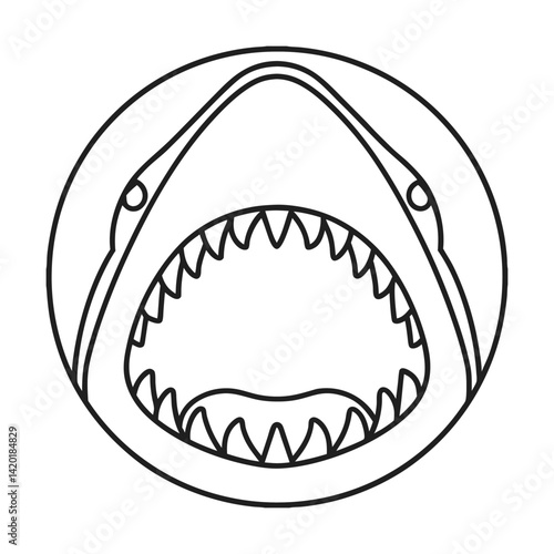 Simple circular shark outline illustration with sharp teeth and open jaws vector for kids designs
