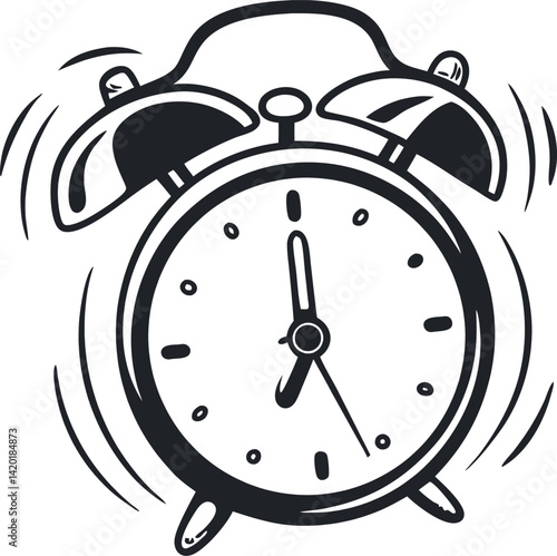 Detailed Alarm Clock Vector Illustration with Vibrating Bells and Clear Time Display - Perfect for Productivity and Time Management Themes