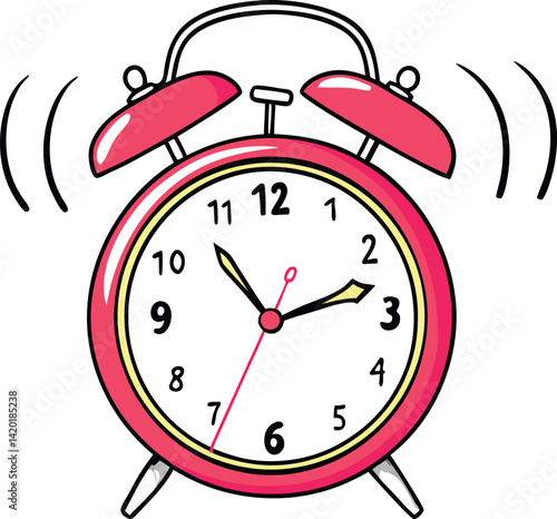 Detailed Alarm Clock Vector Illustration with Vibrating Bells and Clear Time Display - Perfect for Productivity and Time Management Themes